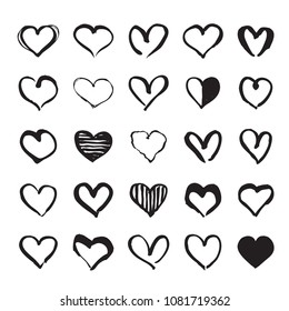 Set of black vector hand drawn Hearts. Design elements for Valentine's day. EPS outline graphic design.