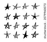 Set of black vector handmade stars in doodle style on white background. Can be used as a template or as a standalone element, icons. Marker brush sketches. Doodle sketch style. Collection of stars