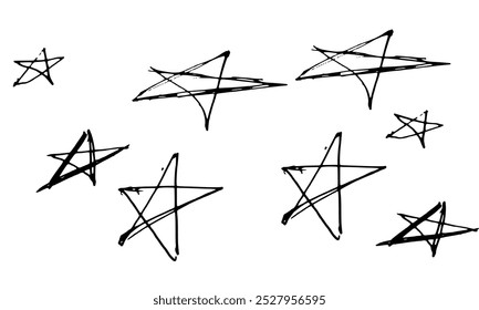 Set of black vector handmade stars on white background. Can be used as a template or as a standalone element, icons. 
