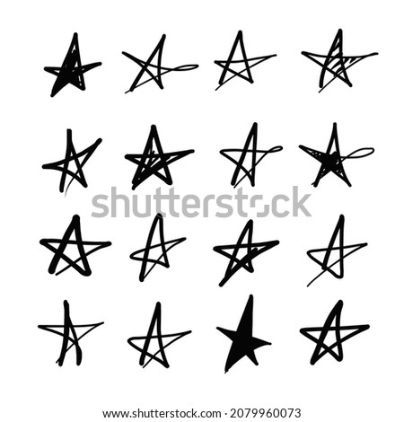 Set of black vector handmade stars in doodle style on white background. Can be used as a template or as a standalone element, icons. Marker brush sketches. Doodle sketch style. Collection of stars