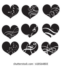 set of black vector hearts with flourish. Hand drawn vintage Calligraphy lettering Vector illustration EPS10