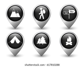 Set of black vector hiking and camping web pointers