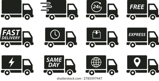 A set of black vector icons depicting delivery trucks with various service badges like fast delivery, free shipping, and 24-hour availability.