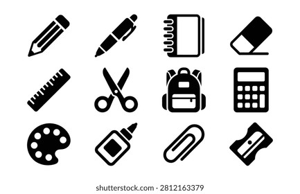 A set of black vector icons depicting common stationery and office supplies, including pencils, rulers, scissors, and a calculator, on a white background.