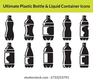 Set schwarzer Vektorsymbole mit verschiedenen Formen von Plastikflaschen und Flüssigkeitsbehältern. Die Kollektion umfasst Silhouetten für Wasser, Soda, Saft und Energy Drinks mit unterschiedlichen Konturen, Cap-Stilen und Label-Platzierungen. Minimalistisches Flachdesign einzeln auf weißem Hintergrund.
