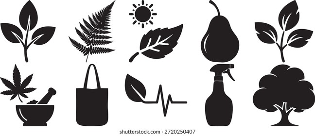 Conjunto de iconos de vectores negros para plantas de medicina herbaria e ingredientes naturales que incluyen hojas de helecho sol mortero de hoja de marihuana y mortero eco bolsa corazón latido línea pera fruta spray botella y un árbol