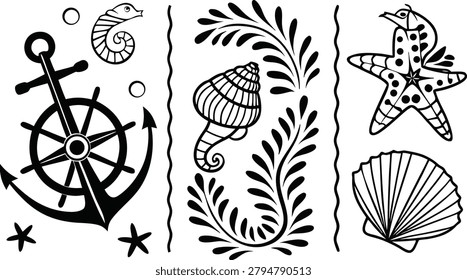 Set of black vector icons including steering wheel anchor shell and aquatic life arranged in vertical panels perfect for travel brochures or nautical themed stationary.