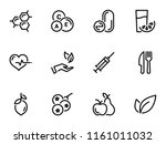 Set of black vector icons, isolated against white background. Illustration on a theme Vitamins and supplements. Natural and chemical, apple, pear, vegetables. Line, outline, stroke