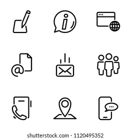 Set of black vector icons, isolated on white background, on theme Contact Us. Line, outline, stroke, pictogram