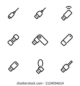 Set of black vector icons, isolated on white background, on theme Usb. Line, outline, stroke, pictogram