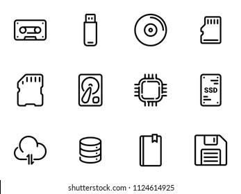 Set of black vector icons, isolated on white background, on theme Data storage. Line, outline, stroke, pictogram