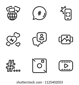 Set of black vector icons, isolated on white background, on theme Modern Internet communication between users. Line, outline, stroke, pictogram