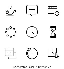 Set of black vector icons, isolated on white background, on theme Waiting. Line, outline, stroke, pictogram