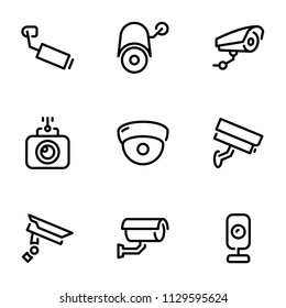 Set of black vector icons, isolated on white background, on theme CCTV Camera. Line, outline, stroke, pictogram