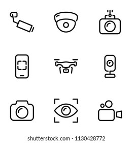 Set of black vector icons, isolated on white background, on theme CCTV Camera
. Line, outline, stroke, pictogram