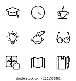 Set of black vector icons, isolated on white background, on theme Teaching and reading books
. Line, outline, stroke, pictogram