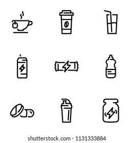 Set of black vector icons, isolated on white background, on theme Energy drinks and sports nutrition
. Line, outline, stroke, pictogram