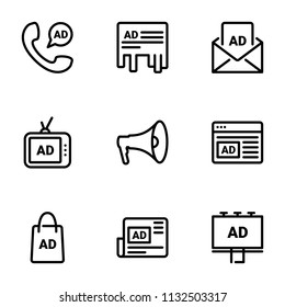 Set of black vector icons, isolated on white background, on theme Advertising. Line, outline, stroke, pictogram