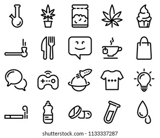 Set of black vector icons, isolated on white background, on theme Marijuana and entertainment. Line, outline, stroke, pictogram