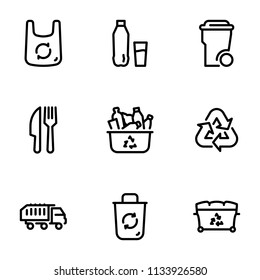 Set of black vector icons, isolated on white background, on theme Recycling and utilization of plastic waste. Line, outline, stroke, pictogram
