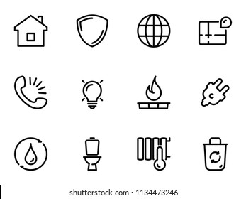 Set of black vector icons, isolated on white background, on theme Utilities. Line, outline, stroke, pictogram