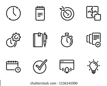 Set of black vector icons, isolated on white background, on theme Time management and personal tracking tools. Line, outline, stroke, pictogram