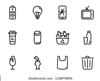 Set of black vector icons, isolated on white background, on theme Separation of domestic waste and waste sorting. Line, outline, stroke