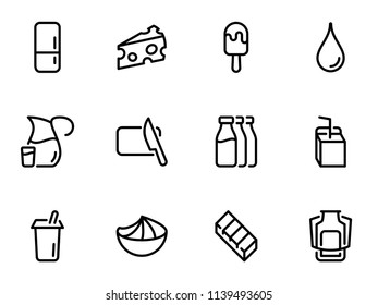 Set of black vector icons, isolated on white background, on theme Dairy products, variety and storage. Line, outline, stroke