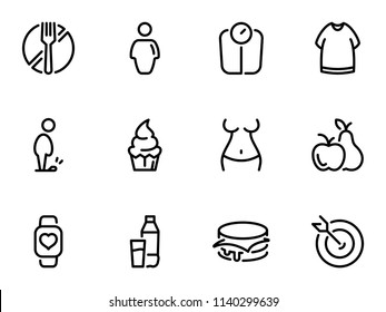 Set of black vector icons, isolated on white background, on theme The problem of obesity, weight loss and temptations. Line, outline, stroke