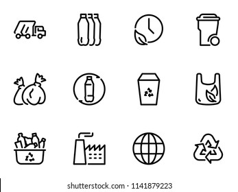 Set of black vector icons, isolated on white background, on theme Recycling and recycling of plastic waste. Line, outline, stroke