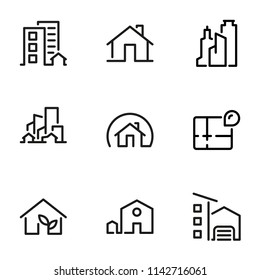 Set of black vector icons, isolated on white background, on theme House, apartment, office, skyscraper. Line, outline, stroke