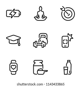 Set of black vector icons, isolated on white background, on theme Fitness, Training. Line, outline, stroke