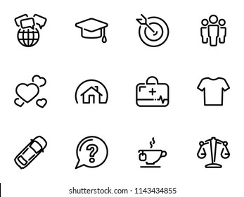 Set Of Black Vector Icons, Isolated On White Background, On Theme Social Human Needs. Line, Outline, Stroke