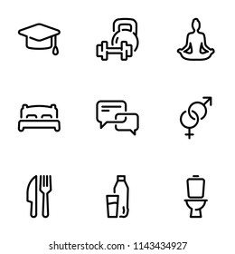 Set of black vector icons, isolated on white background, on theme Basic Human Needs. Line, outline, stroke