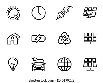 Set of black vector icons, isolated on white background, on theme Solar energy. Line, outline, stroke