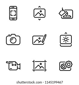 Set of black vector icons, isolated on white background, on theme Photo, video mastering. Line, outline, stroke