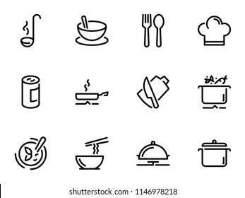 Set of black vector icons, isolated on white background, on theme Preparation of ingredients for cooking soup, hat, knife, fork, chef, cup. Line, outline, stroke