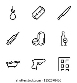 Set of black vector icons, isolated against white background. Illustration on a theme Methods of suicide. Line, outline, stroke