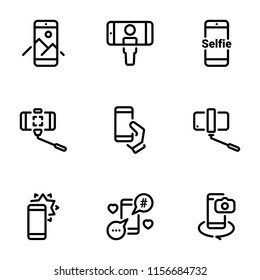 Set of black vector icons, isolated against white background. Illustration on a theme Selfie. Line, outline, stroke