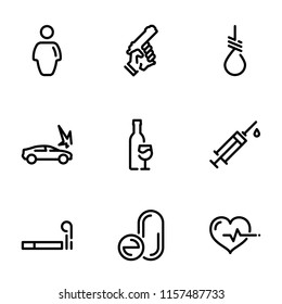 Set of black vector icons, isolated against white background. Illustration on a theme Causes of death. Line, outline, stroke
