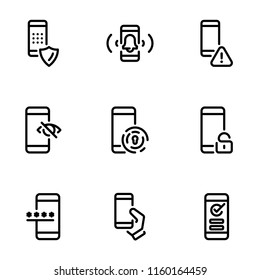 Set of black vector icons, isolated against white background. Illustration on a theme Password, how to enter and protect it. Line, outline, stroke