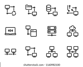 Set of black vector icons, isolated against white background. Illustration on a theme Server, storage and updating of data. Line, outline, stroke