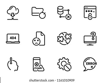 Set of black vector icons, isolated against white background. Illustration on a theme Errors of updating servers, files, documents and cloud services. Restriction of access to information.