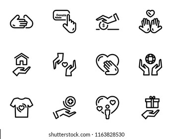 Set of black vector icons, isolated against white background. Illustration on a theme Charity and Donate. Line, outline, stroke