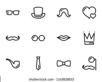 Set of black vector icons, isolated against white background. Illustration on a theme Accessories for masquerade parties and funny photos. Line, outline, stroke