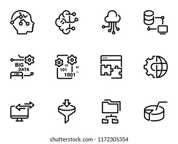 Set of black vector icons, isolated against white background. Illustration on a theme Big data. Sorting, storage and analysis tools. Line, outline, stroke