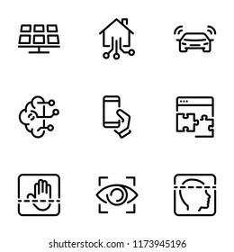 Set of black vector icons, isolated against white background. Illustration on a theme Intelligent and modern technologies. Line, outline, stroke, pictogram