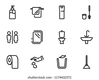 Set of black vector icons, isolated against white background. Illustration on a theme Restroom. Line, outline, stroke, pictogram