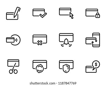 Set of black vector icons, isolated against white background. Illustration on a theme Card payments and cash. Line, outline, stroke, pictogram