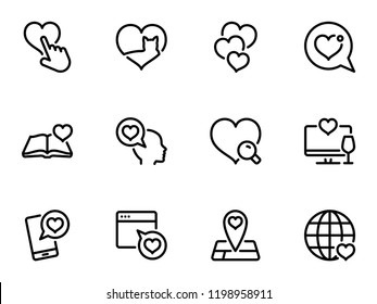Set of black vector icons, isolated against white background. Illustration on a theme Love search. Line, outline, stroke, pictogram